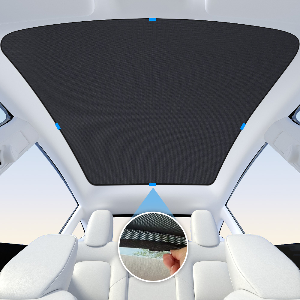 Tesla panoramic roof sunshade installed inside the cabin